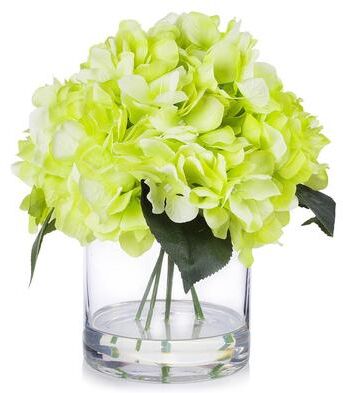 Enova Home Artificial Large Silk Hydrangea Fake Flowers Arrangement in Clear Glass Vase for Home Wedding Decoration