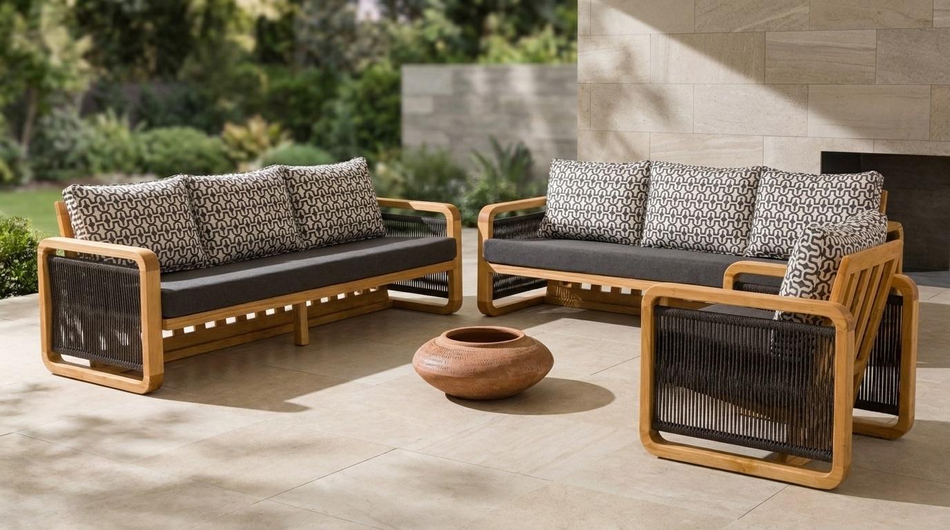 Gartenlounge Set 3-Sitzer Sofa Sessel Schwarz Kissen Modern Elegant