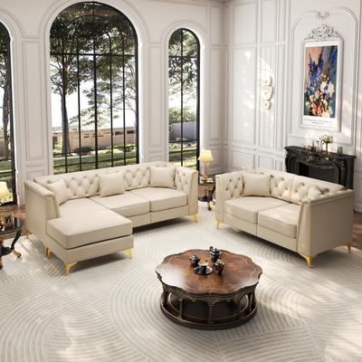 GDFStudio - Multi-Size Faux Leather 5-Seat Chesterfield Modular Sofa Set with Metal Trim & 5 Pillows