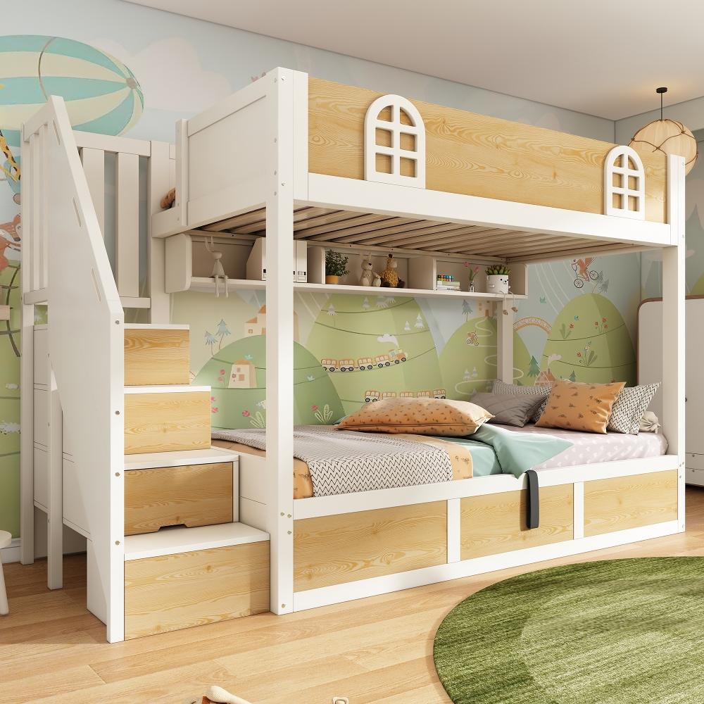 Kinder Etagenbett 90x200cm mit Treppenschrank und Stauraum, Etagenbett aus MDF, Spanplatte und Sperrholz in Weiß/Natur mit Sicherheitsgeländer