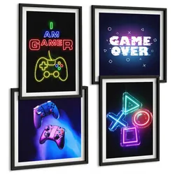 BILDER SET 4er Set - 50x50 cm & 40x60 cm Schwarzer Rahmen - Gamepads, Spielersymbol-Untertitel