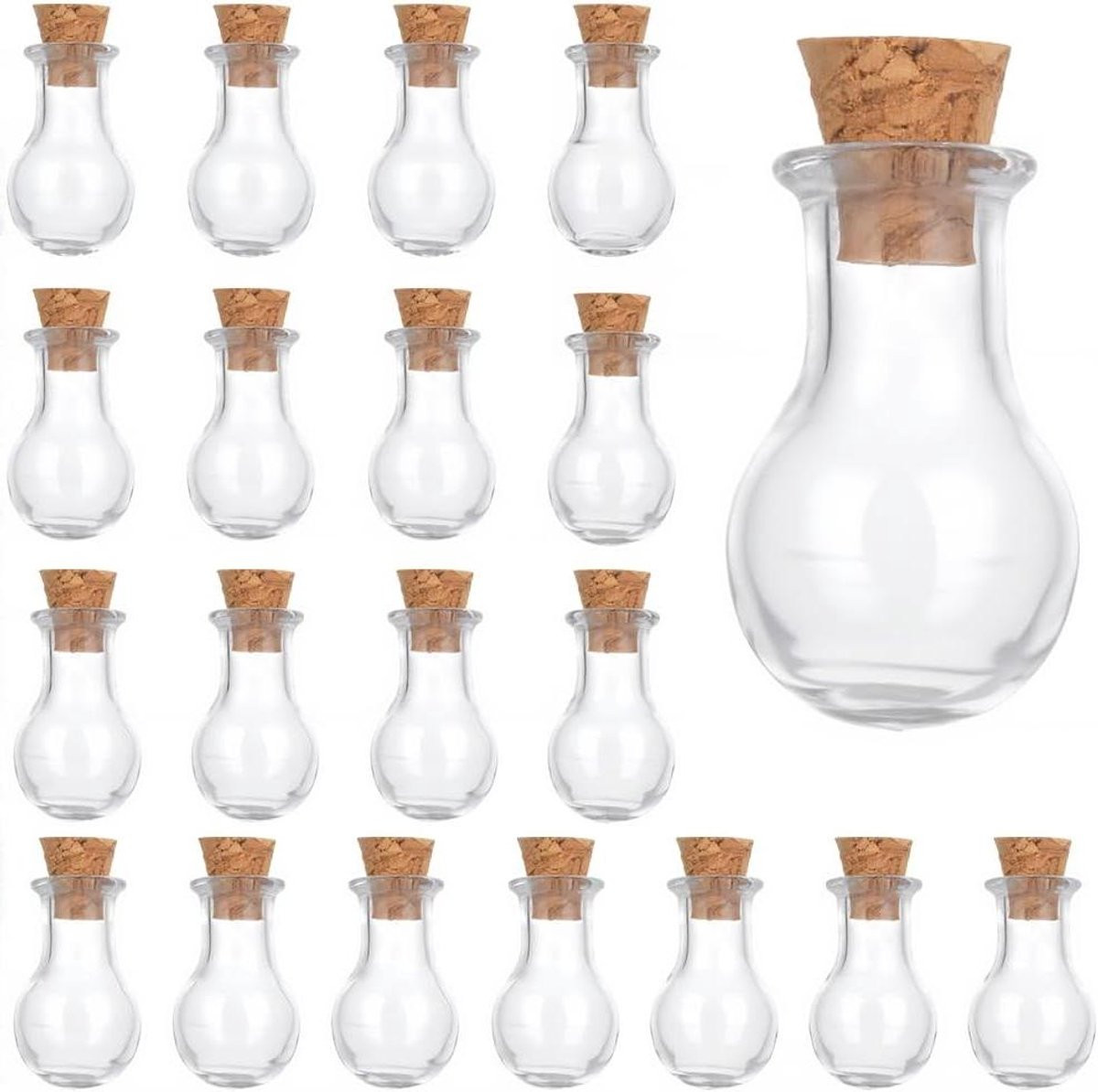 Set van 20 transparante mini glazen wensflesjes met kurkstop voor DIY knutselen