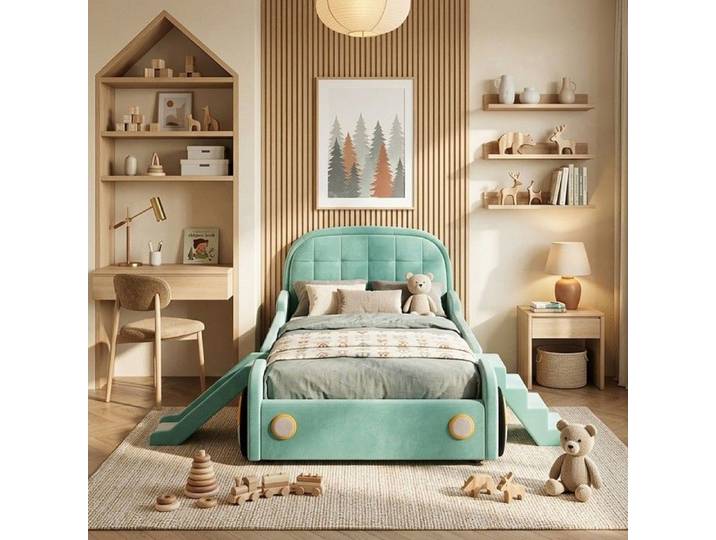 Lit Voiture Enfant 90x200 Bleu-Vert Rembourré Toboggan Escalier G/D Protection Anti-chute Sans Matelas