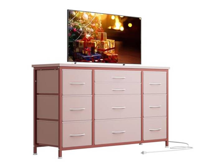 Baloveby Kommode Mit Schubladen, Sideboard Mit 10 Stoffschubladen & 3 Steckdose, Komodenschrank Wohnzimmer, Sideboard Flur, Aufbewahrungseinheit Mit Stoff, Stabiler Metallrahmen, Holztischplatte