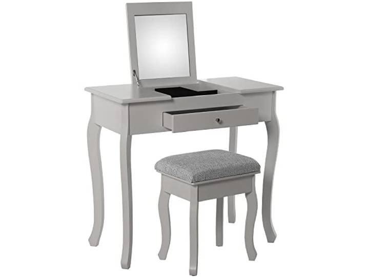 DRW Schminktisch mit Einer Schublade aus Holz mit weißem Spiegel mit Bank gepolstert in Stoff, 80 x 40 x 74 cm, Bank 36,5 x 29 x 46 cm