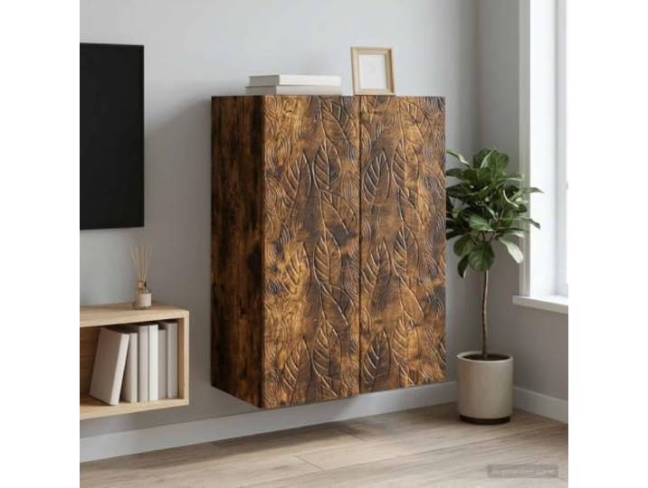 Wandschrank aus Holzwerkstoff in Räuchereiche mit 2 Türen und Regalen 90° Pendeltüren, Holzbretter, pflegeleichte Oberfläche, platzsparende Wandmontage, robuste Konstruktion