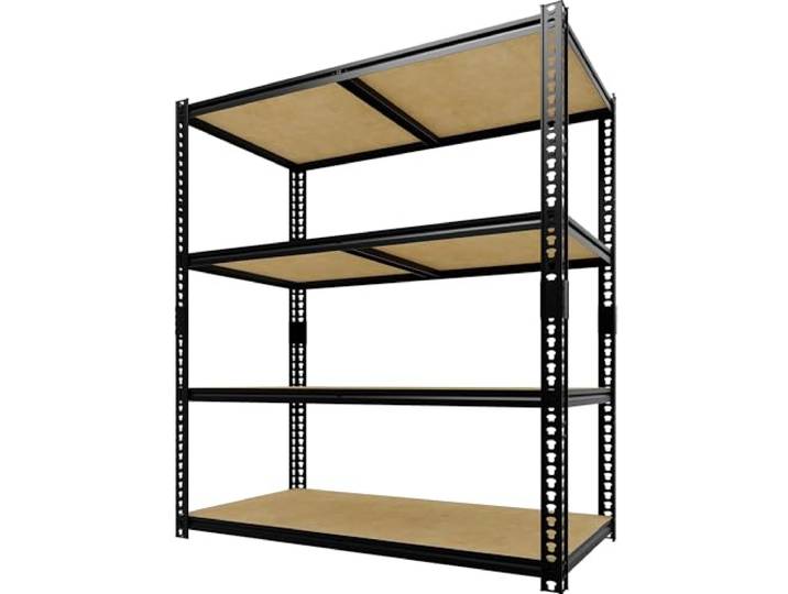 Schwerlastregal 152x122x61 cm 4 Ebenen 270 kg je Boden Kellerregal Schwarz L-Profil Kohlenstoffstahl mit MDF-Industrieböden, werkzeugloses Stecksystem, höhenverstellbare Böden, 25,3 kg, 1 Stück
