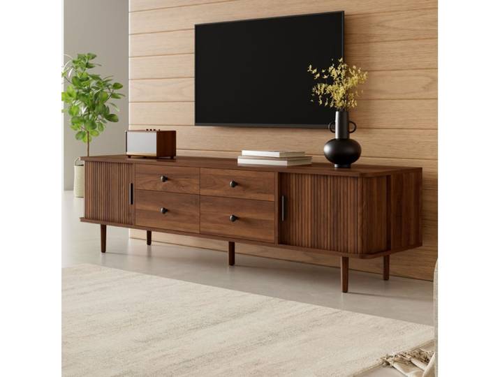COVREO Meuble TV bas 165 cm MDF noyer avec 4 tiroirs et 2 portes coulissantes
