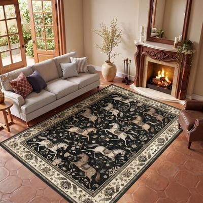 Bluebell Boho Horse Print Washable Indoor Area Rug 5x7, Non-Slip, Tassels - 5'x7'