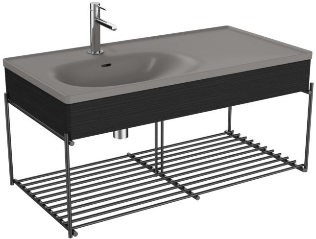 VitrA Equal Möbelwaschtisch-Set 66060 102,5x52cm, Möbelwaschtisch asymmetrisch, steingrau matt, mit Holzblende schwarz-eiche