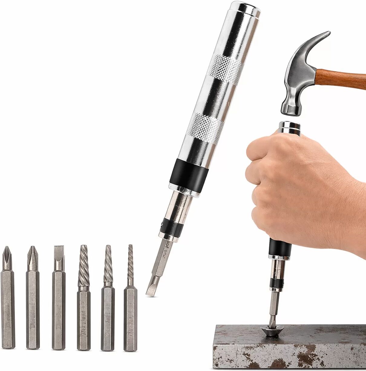 INF 6-in-1 Impact-Schraubendreher mit 1/4 Schnellwechsel-Bithalter – Silberner Stahl, manueller Hammer-Schraubenauszieher