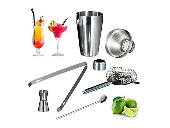Relaxdays 10020581 Kit Cocktail set 5 pièces inox Bar Doseur Pince Passoire agitateur argenté