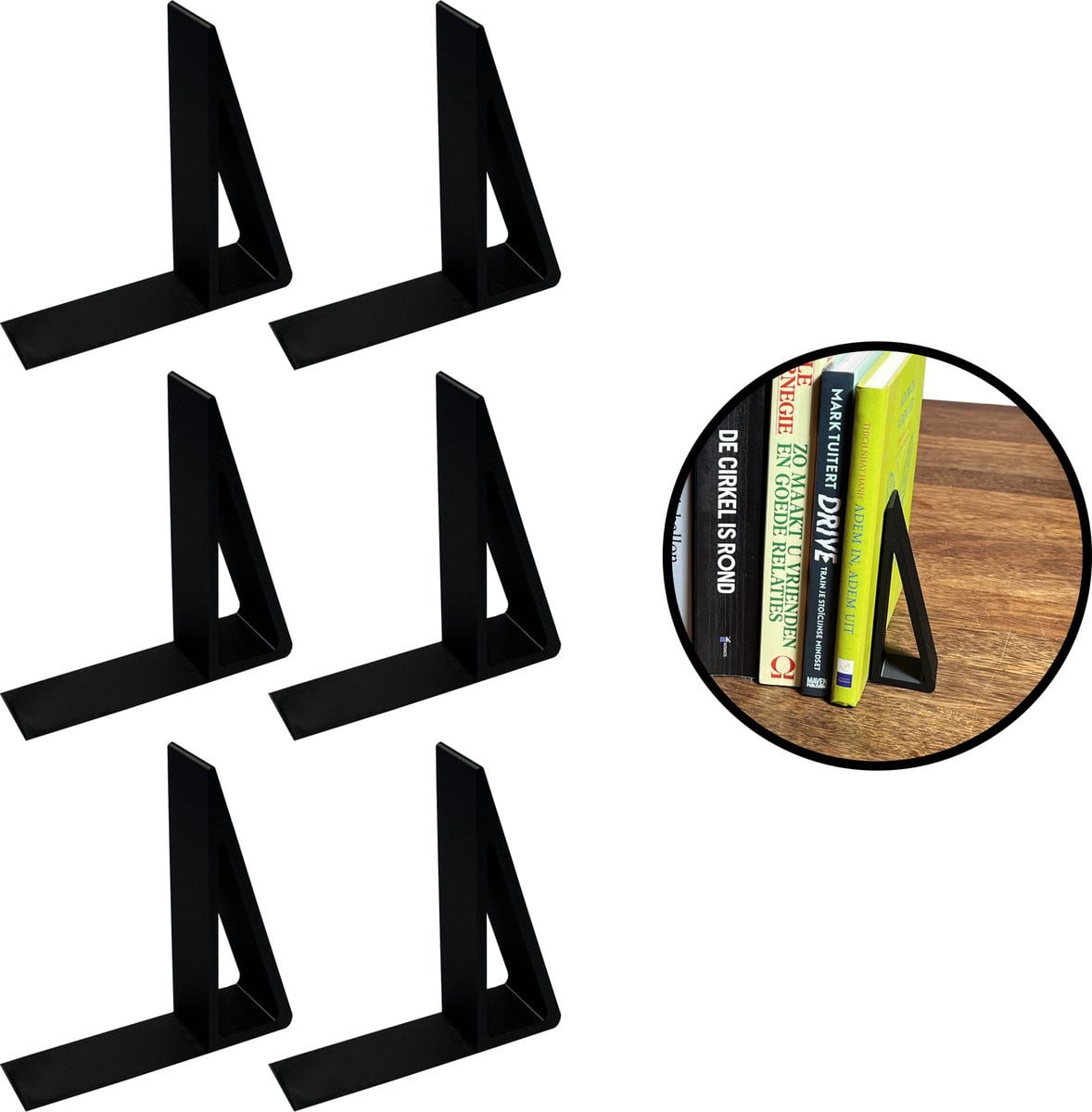 Set van 6 zwarte boekensteunen
