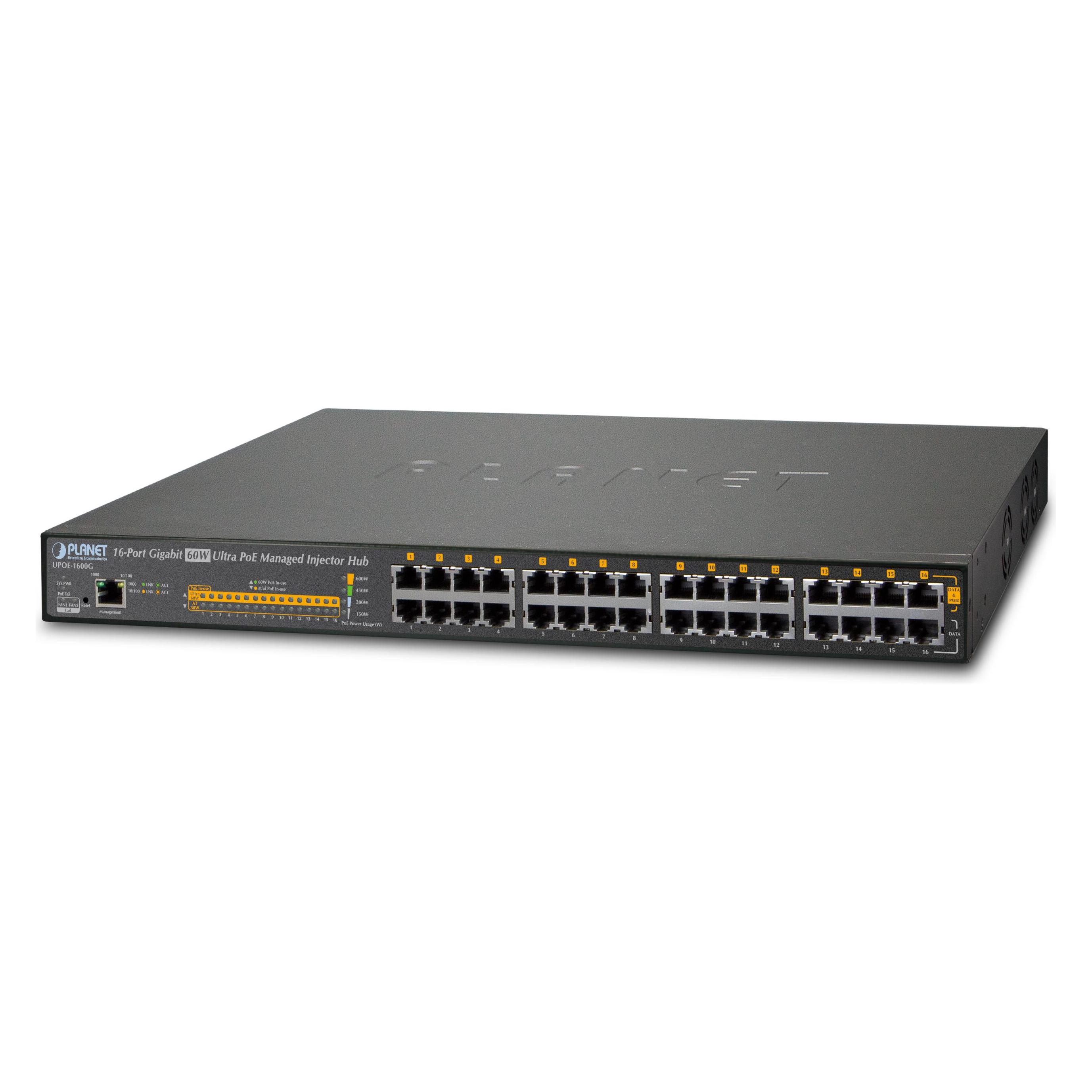 Planet Injector Hub 16-Port Gigabit 60W Ultra PoE managed 600 Watts PoE Budget (802.3af (PoE), 802.3at (PoE+), 802.3bt (PoE++), 600 W) (UPOE-1600G)