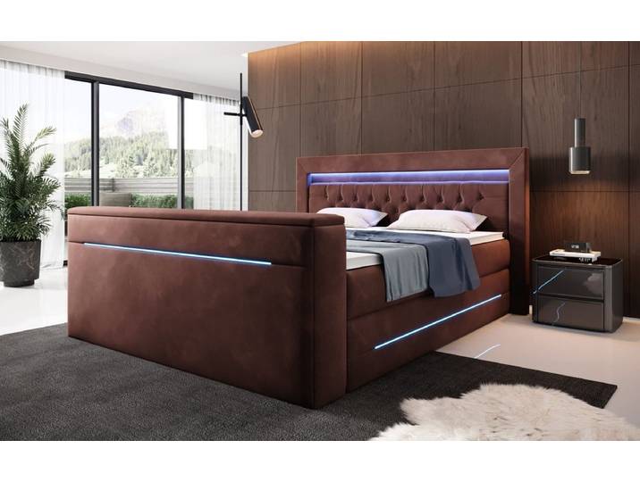 Boxspringbett Neptun mit TV Lift und RGB - Braun - 140x200 - H4 (100kg+) - Luxusbetten24