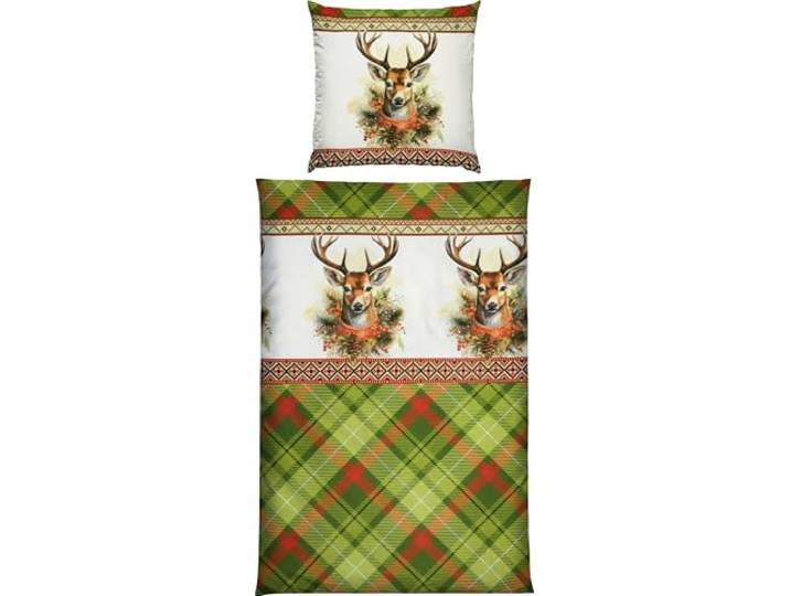 REDBEST Bettwäsche Flanell Hirsche grün Größe 80x80 cm / 155x220 cm - Wendekissenbezug, samtig weich, warmes Hautgefühl, temperaturausgleichend, pflegeleicht, mit Reißverschluss