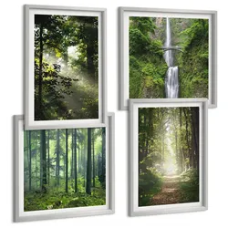 BILDER SET 4er Set - 50x50 cm & 40x60 cm Silberner Rahmen - Grüne Wälder, Lichtstrahlen