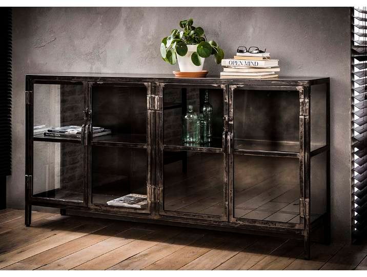 Sideboard Edfu , Glas & Metall , Vintage anthrazit