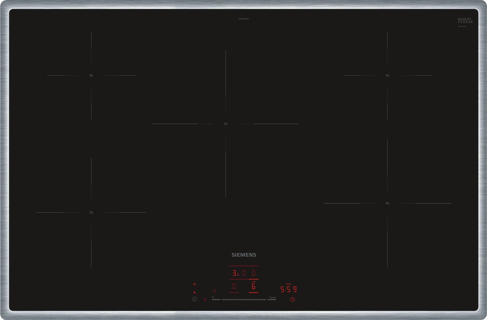 Siemens EH845HVB1E iQ100 vrijstaande kookplaat, zwart/roestvrij staal, 80 cm, Home Connect