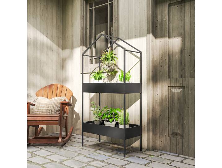 Outsunny Porte-Plantes 2 Niveaux 150cm Métal Noir Maison Forme