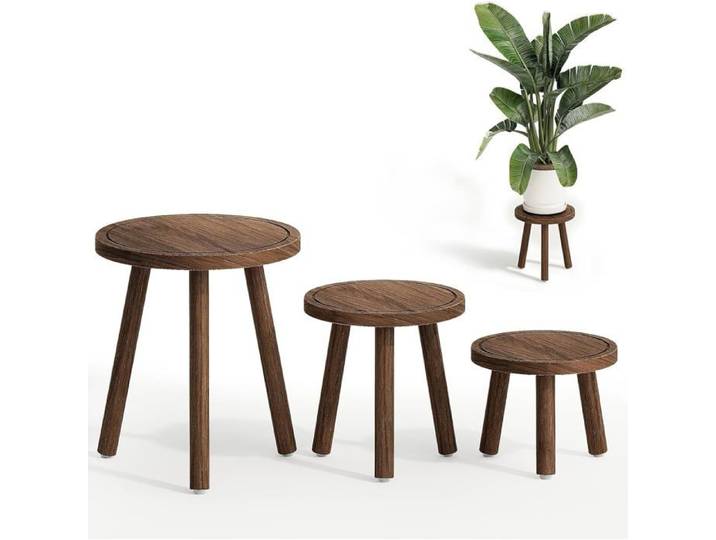 Lot de 3 Supports Plantes Bois Marron - Tabouret Porte-Plante Intérieur Style Scandinave - Étagère Multi-Niveaux Salon Chambre