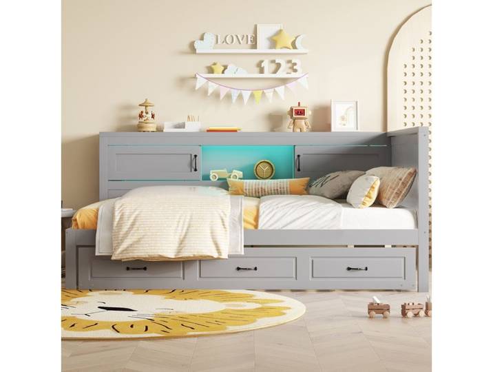 Lit enfant gris 90x200cm avec LED ambiance tiroirs coulissants USB et prise lit combiné multifonction pour chambre d'enfant