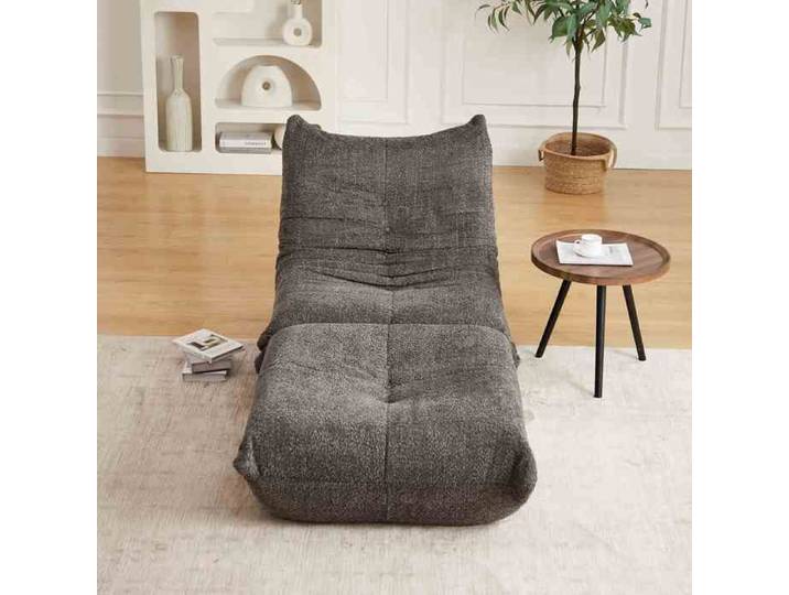 Fauteuil au sol - HIBA - Style Togo revisité - Tissu chenille gris - Mousse haute densité (HR) - Avec repose-pieds