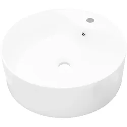 Helloshop26 - Waschbecken fürs Badezimmer 46,5 cm Durchmesser mit Überlaufloch/Armatur rund weiße Keramik 02_0002513