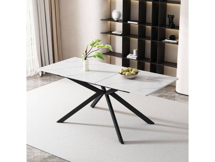 Table à Manger Extensible - 150/180x70 cm - Effet Marbre Table Cuisine Rectangulaire à Pied Croisé en Métal