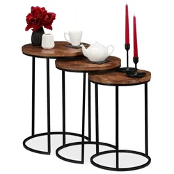Relaxdays Satztisch 3er Set Mangoholz Braun,Hellbraun,Schwarz