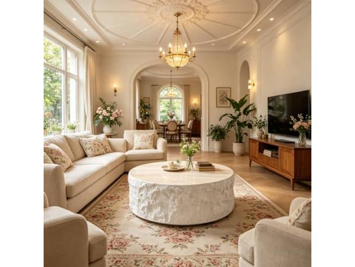 Round Coffee Table with Stone Texture, Fiberglass Construction with Sticker Finish, Modern Accent Table for Living Room