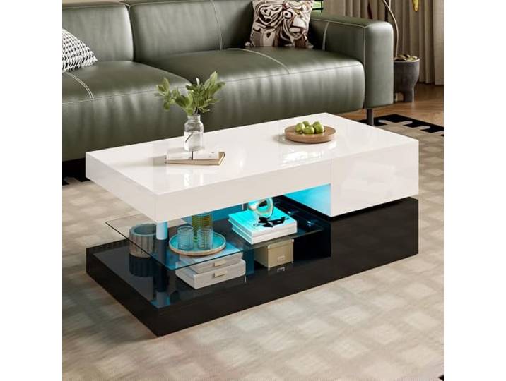 Merax Moderner Couchtisch 90x45x35,5 cm, mit LED, Glasablage, Hochglanz-Oberfläche, für Wohnzimmer, Weiß und Schwarz
