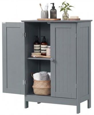 Costway Bathroom Floor Storage Double Door Cupboard Cabinet-Gray