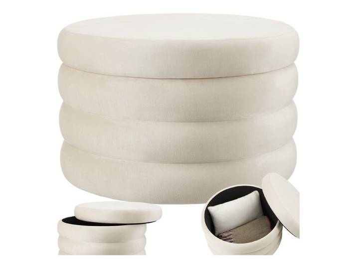 tectake Sitzhocker runder Sitzhocker mit Stauraum, weicher, pflegeleichter Bezug (Hocker Altu XL, in Samtoptik creme-weiß), 67 x 42 cm, gepolstert, Belastbarkeit 150 kg, bodenschonend