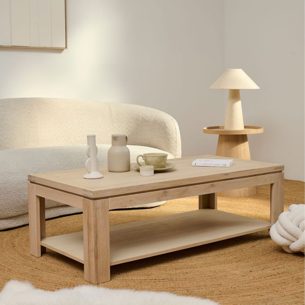 Hellin Table basse rectangulaire finition bois chêne blanchi massif Marron 120x40x60cm
