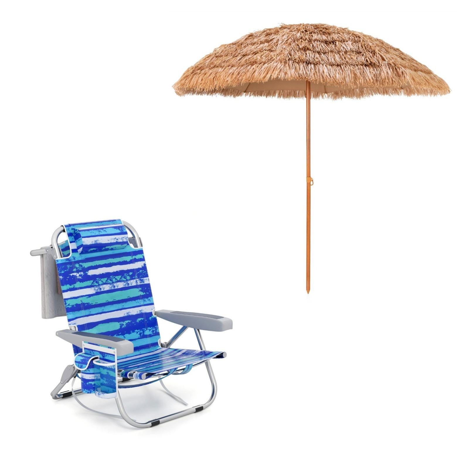 Costway Strandstoel met Verstelbare Rugleuning (5 standen) en Hawaiiaanse Stijl Stroparaplul in Marineblauw en Natuur