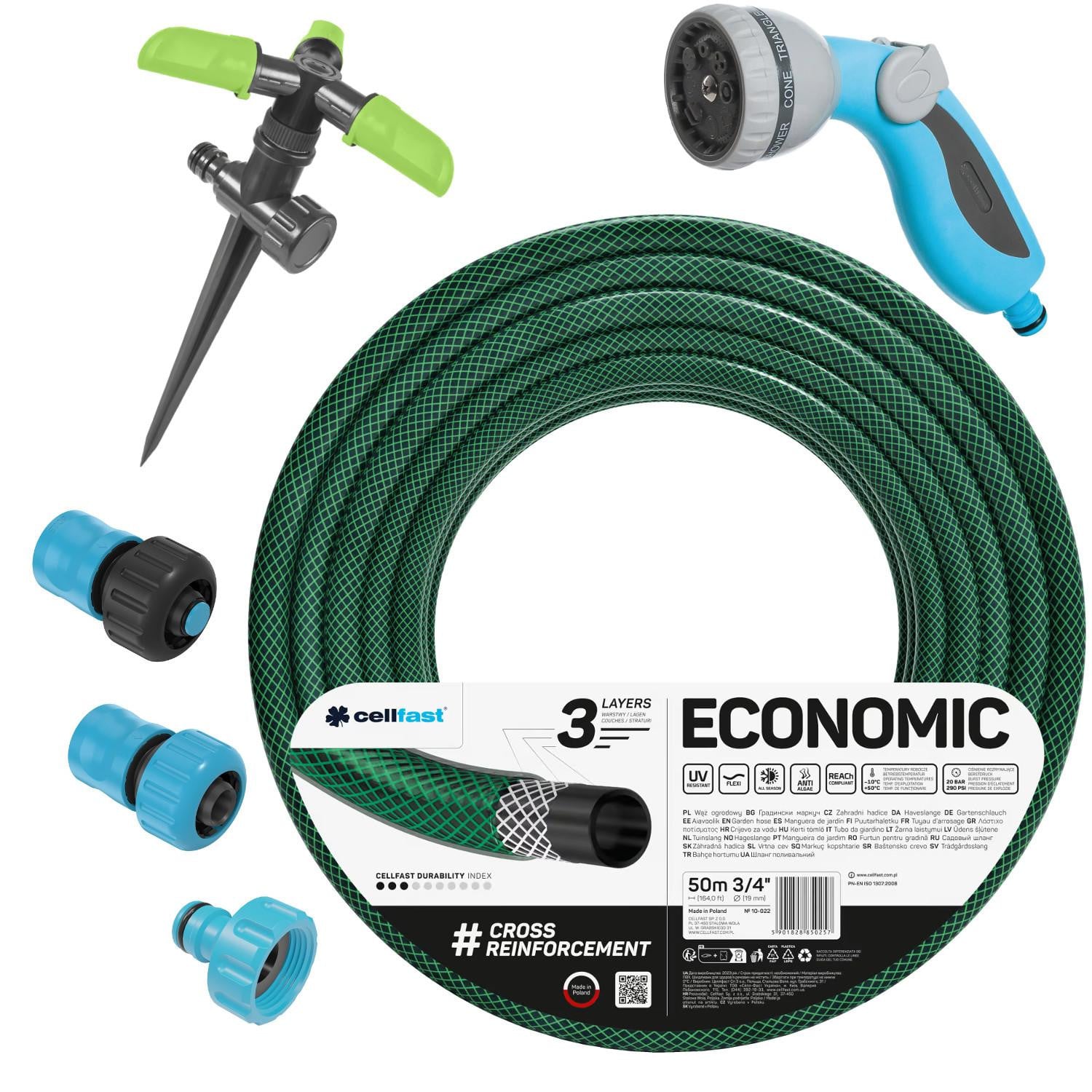 Cellfast Economische tuinslang 3/4 inch 50 meter met messing koppeling, aansluitstuk en spuitset