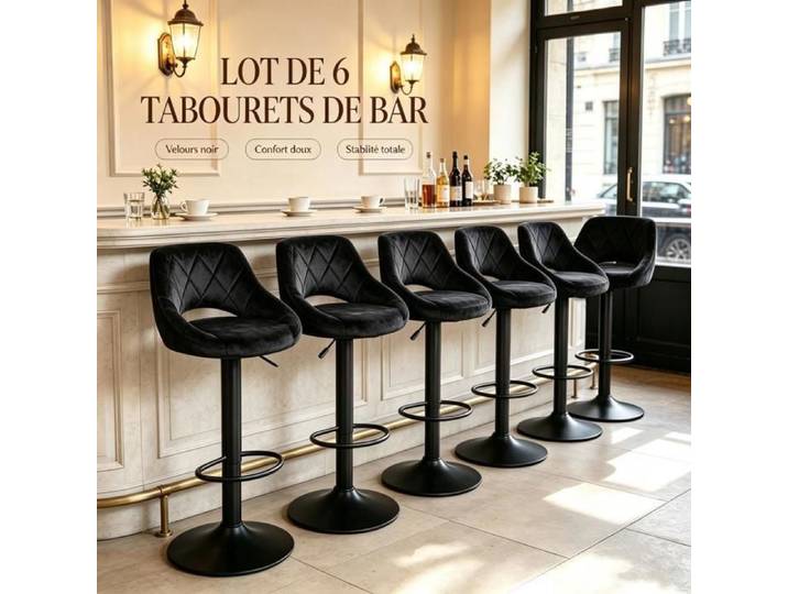 PIPIPOXER Lot de 6 Tabourets de Bar Velours Noir Matelassé Hauteur Réglable Rotatif 360° Chaise de Comptoir 43x30x87/107