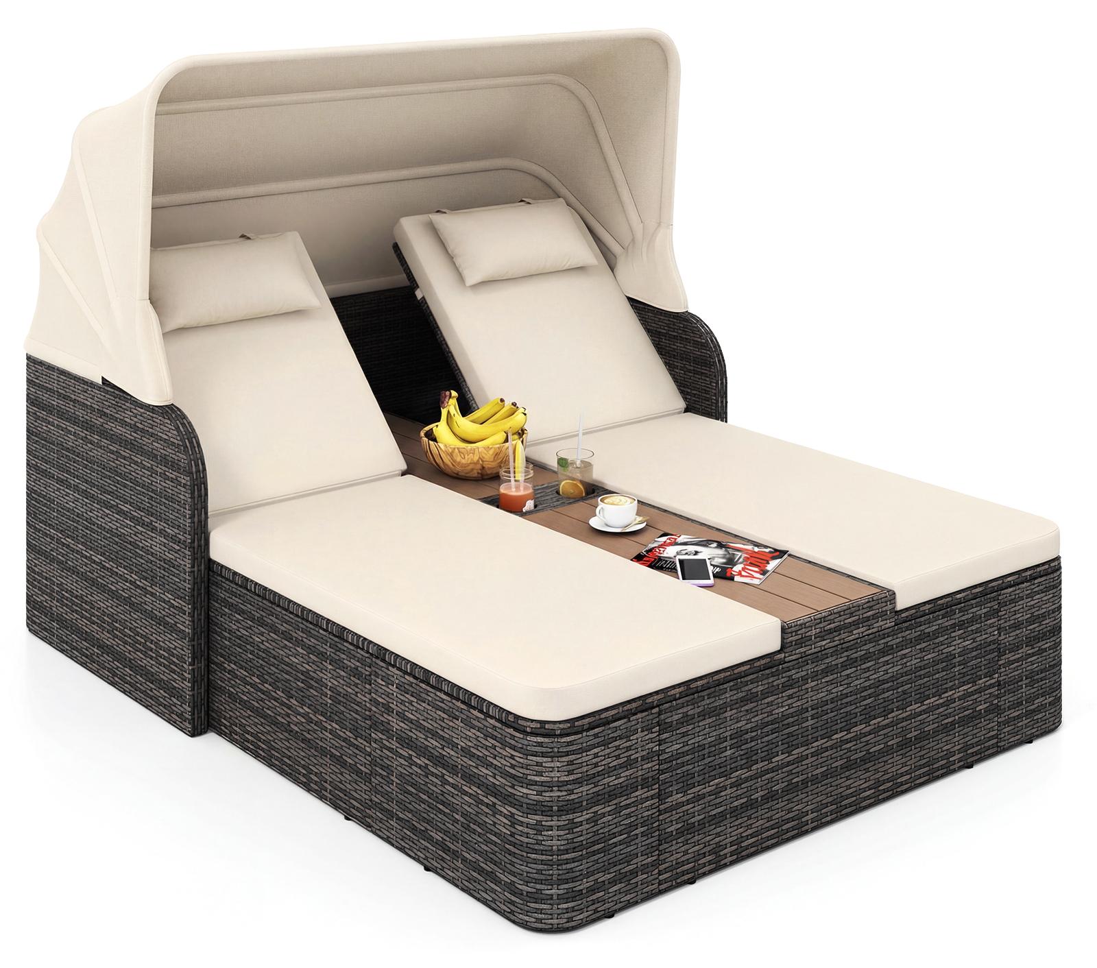 COSTWAY Doppelliege Polyrattan für 2 Personen, Gartenliege mit Dach, verstellbaren Rückenlehnen, Auflage & mittlerem Tisch, Sonnenliege Loungebett