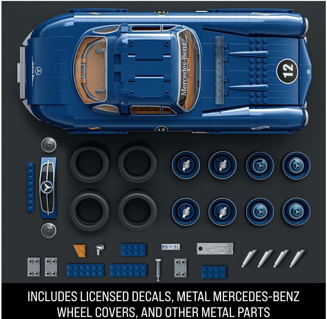 Mattel Hot Wheels Brick Shop Premium Mercedes-Benz 300 SL Building Set - 1,600 Pieces - Blue - For Adults