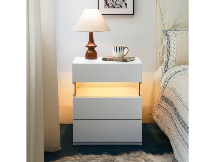 Commode de nuit LED 3 tiroirs panneau acrylique chambre salon Blanc