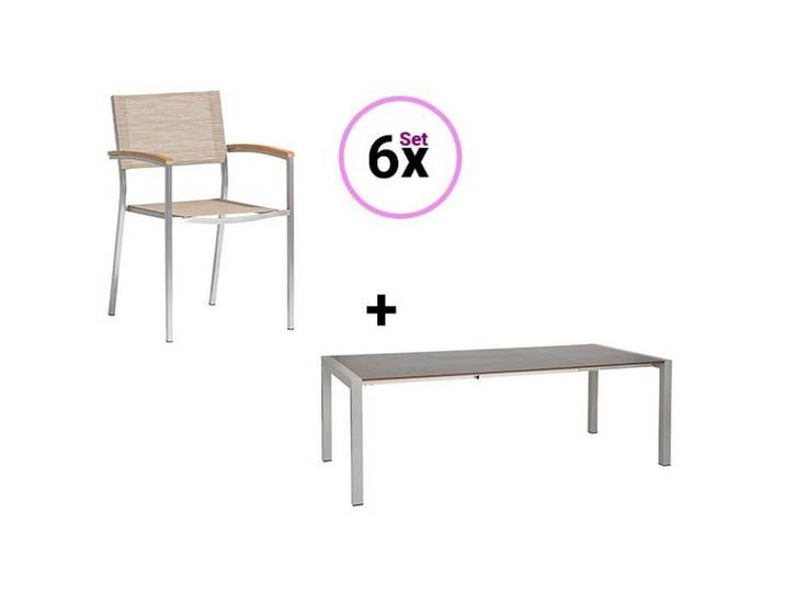 Acamp Gartenset, Anthrazit, Edelstahlfarben, Beigebraun, Metall, Kunststoff, 7-teilig, regenabweisend, wetterfest, Stühle stapelbar, Gartenmöbel, Gartengarnituren, Gartenmöbel-Sets