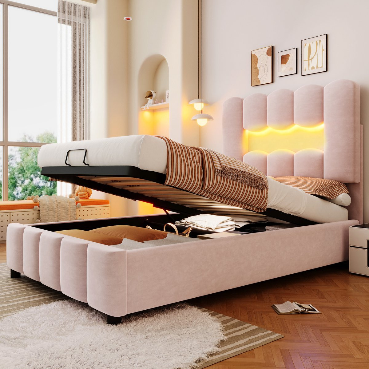 MODFU Bedframe 90x200 cm - Roze Velvet - Met hydraulische opbergruimte, LED-verlichting en verstelbaar hoofdbord