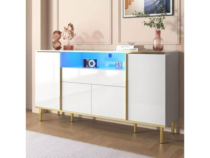 DINKALEN Buffet Salon 150cm Blanc Haute Brillance avec Lumière LED Compartiment Ouvert 4 Portes et 1 Tiroirs Commode 150x40x80cm
