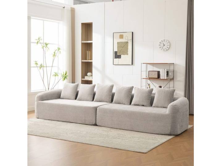 MEULVA Canapé modulable compressé 6 places en chenille grise avec méridienne livré monté