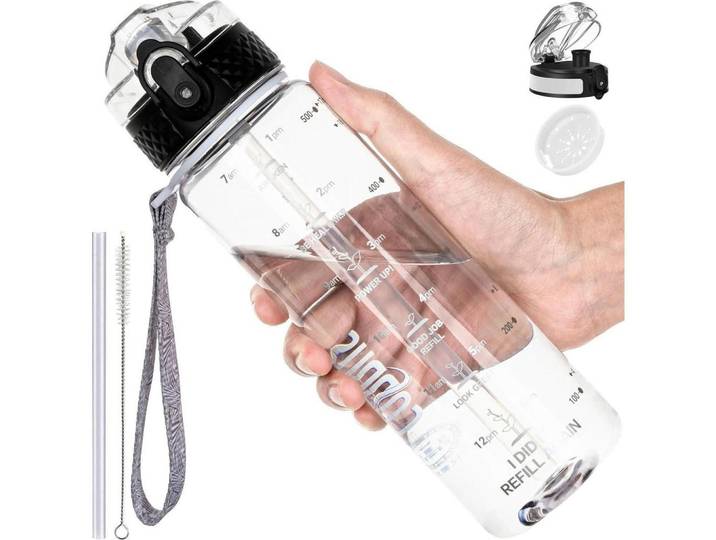 Trinkflasche 500 ml BPA-frei mit Strohhalm und Trageriemen, Transparent, Kunststoff, 7x7 cm, Geschirr, Kannen & Karaffen, Trinkflaschen