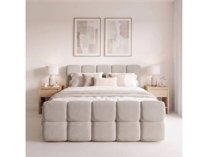 Elvora DESIGN. Boxspringbett SOVA I 140x200 cm, 2 Bettkästen, Beige Bonell-Federkernmatratze, Schaumstoff-Topper 6 cm, zwei Bettkästen mit Gasdruckfedern, Bouclé-Bezug, Sitzhöhe 57 cm