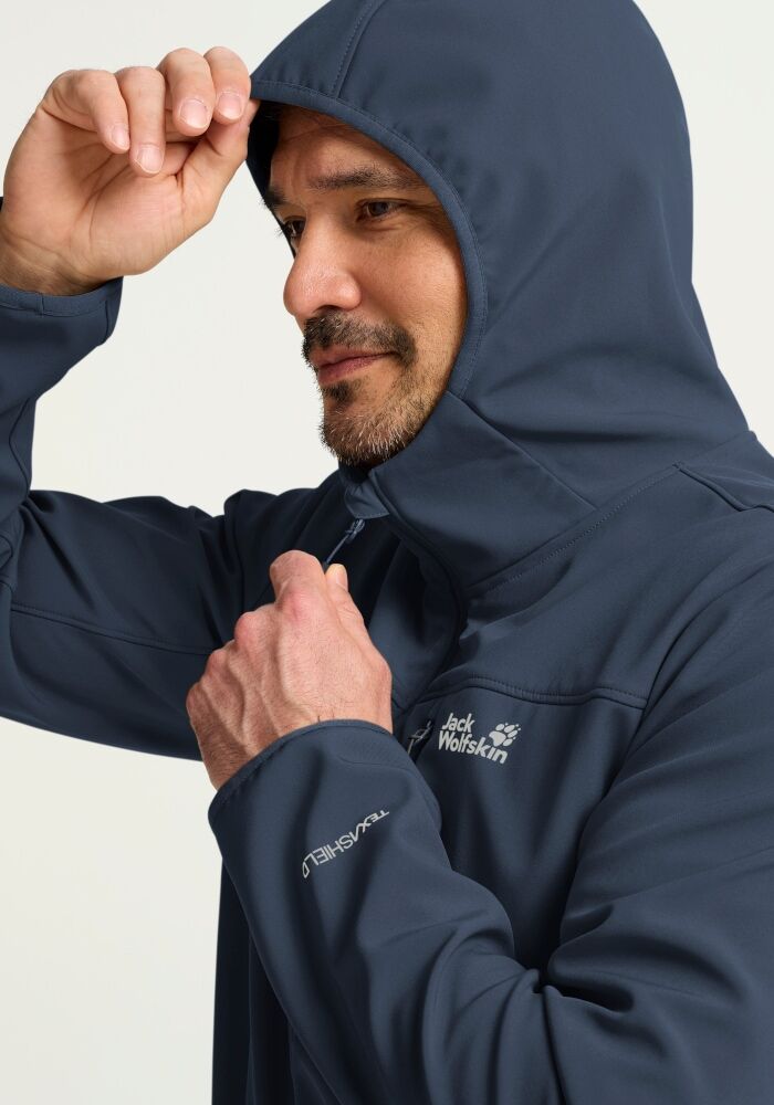 Outdoorjacke JACK WOLFSKIN "WILD WINDS HOODED JKT M", Herren, Gr. M, blau (midnight sky), Obermaterial: 94% Polyester, 6% Elasthan. Futter: 100% Polyester, Jacken Outdoorjacke, für Wandern und andere Aktivitäten im Freien midnight sky M
