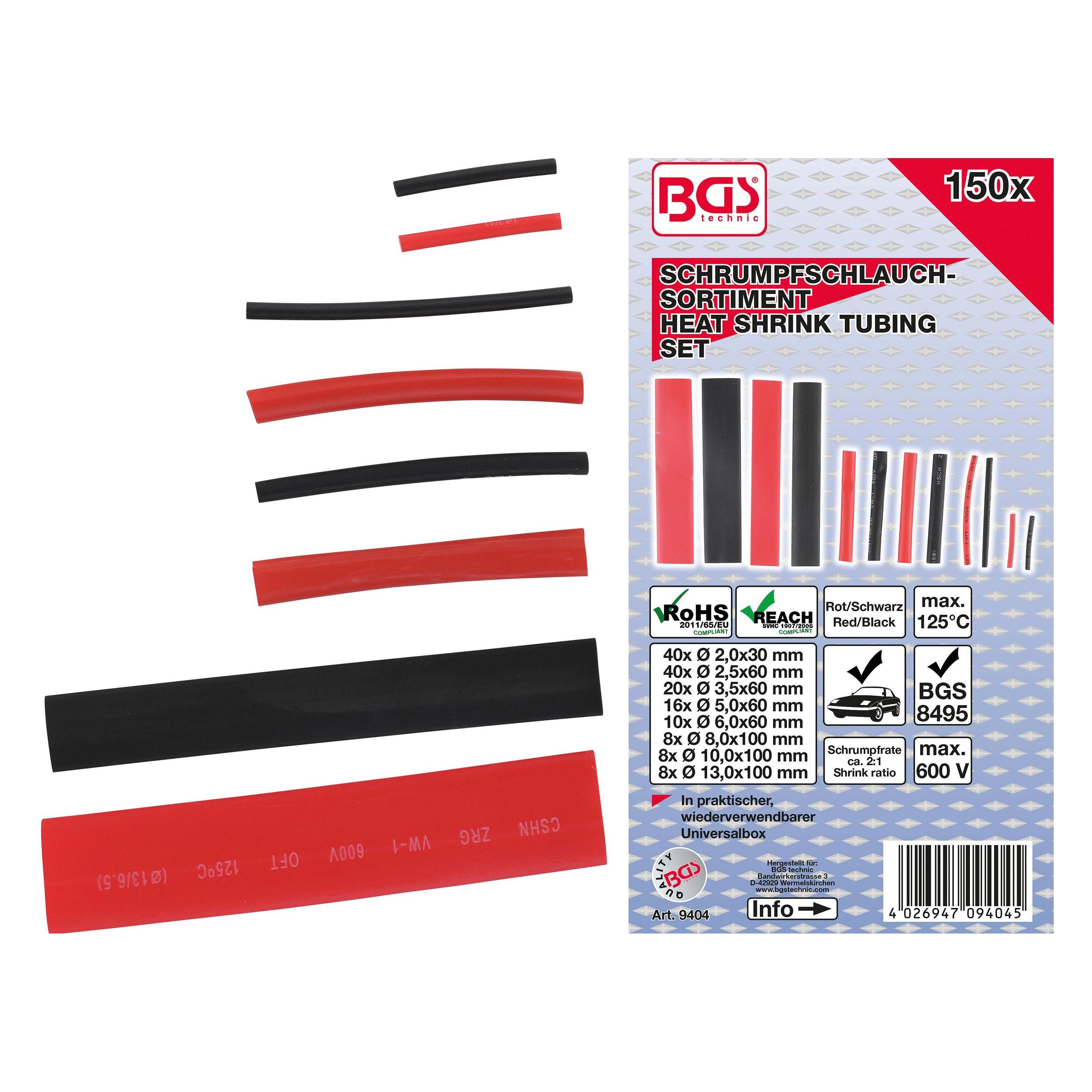 BGS Schrumpfschlauch-Sortiment rot / schwarz 150-tlg. (150x) (9404)
