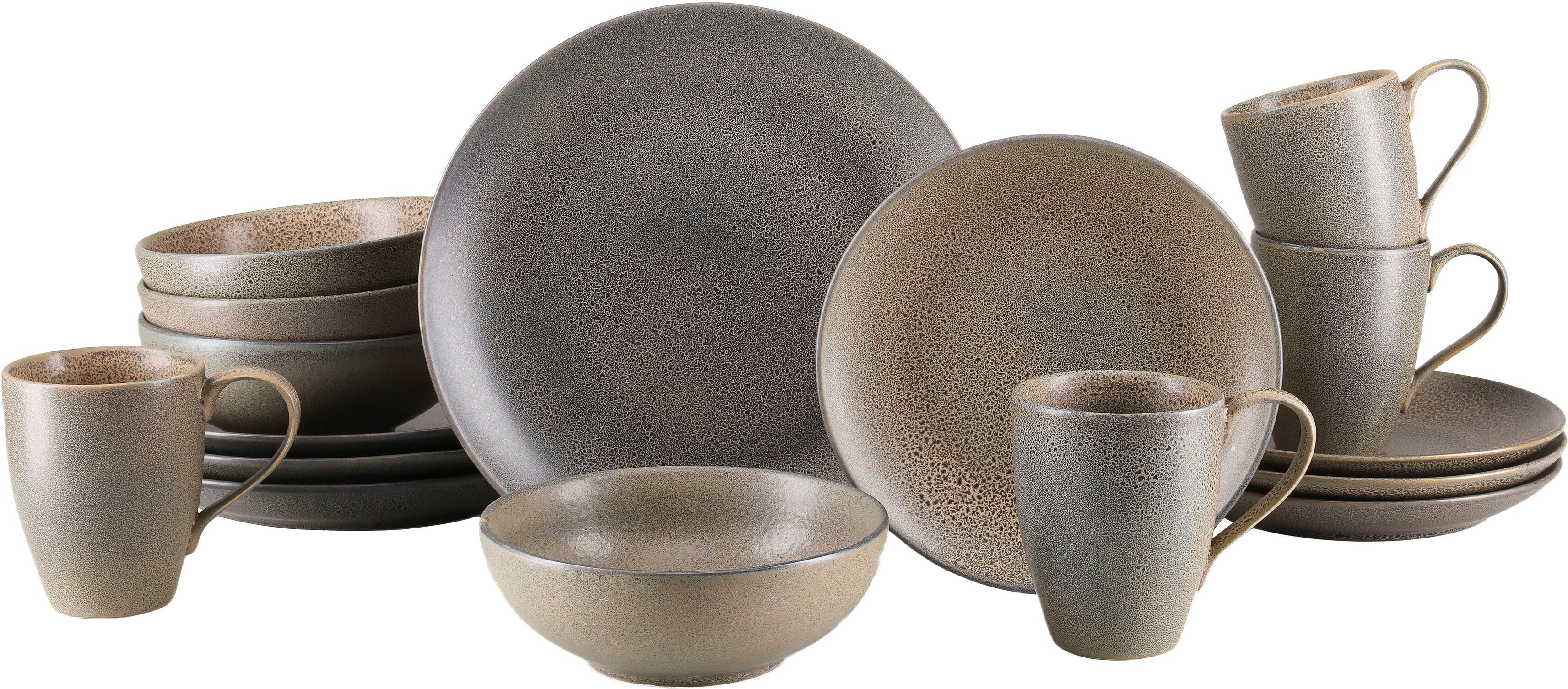 Kombiservice CREATABLE "Sierra Nevada, Service 16-tlg.", braun (rocca), 16, Steinzeug, Geschirr-Sets, Kombiservice, Seidenmatte reaktive Spezialglasur, Vintage Effekt